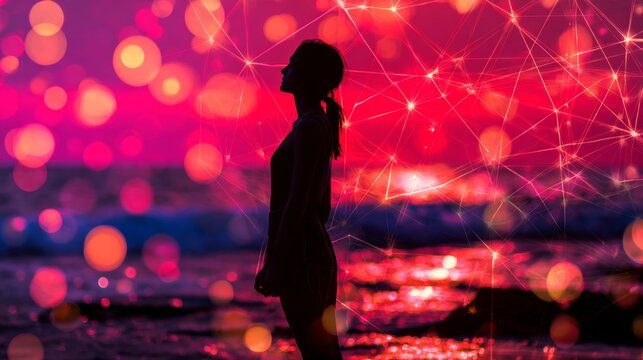Reflective moments: serenity with the setting sun. Ai interface. A woman's bliss by the sea at sunset. Smart grid. Data connectivity.