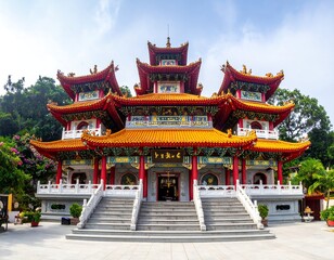 Obraz premium A vibrant, multi-tiered Asian temple with red and gold roofs and white railings