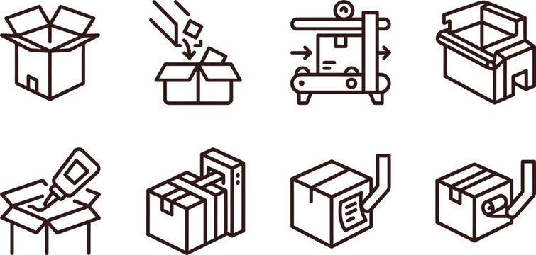 Set of packaging and shipping process icons featuring minimalist outline vector illustrations for logistics e-commerce and supply chain management