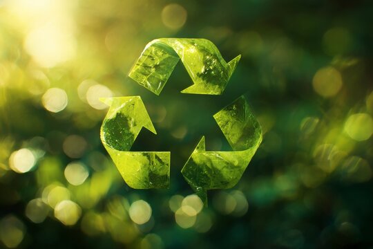 Embracing sustainability: a glimpse at our eco-friendly future. Film poster. A green emblem in bloom: enhancing the recycle symbol's environment. Scifi poster. Visual poster.