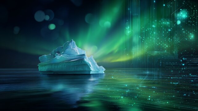 Enchanted nights: icebergs under the northern lights in greenland's fjords. Digital innovation. Capturing a greenland iceberg at night with green northern lights overhead. Ai collaboration.