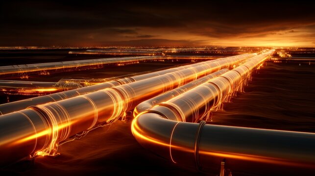Crude highways through heat: visualizing the modern energy crisis. Digital intelligence. Pipelines at sunset: subtle shifts in the desert energy landscape. Ai technology. Cyber technology.