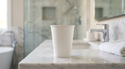 Obraz premium Blank white paper coffee cup mockup standing on luxurious marble bathroom vanity shelf for branding and retail presentation