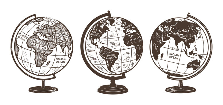 Geographical globes showing continents oceans and meridians