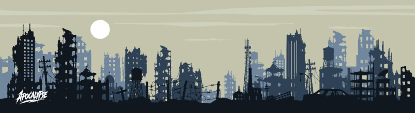 Post Apocalyptic City Skyline Silhouette with Ruined Buildings