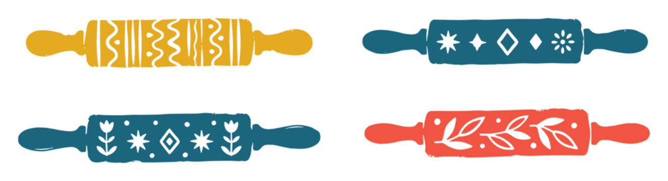 Graphic rolling pins for baking dough with floral and geometric