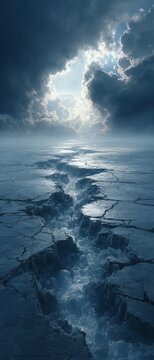 Dramatic climate change scene: the melting heart of earth's polar regions. Lifestyle shot. Ice fractures and stormy skies in blue: a subtle reflection of warmth. Luxury style.