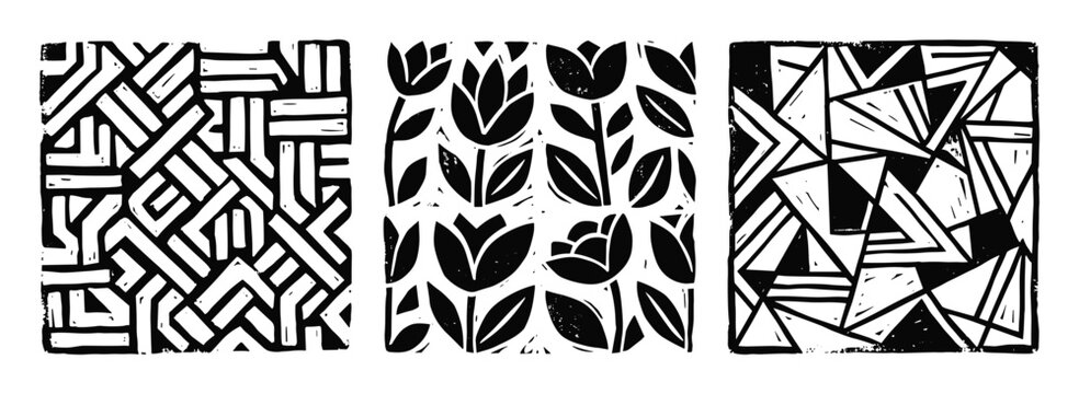 Hand drawn block print style patterns with diverse motifs