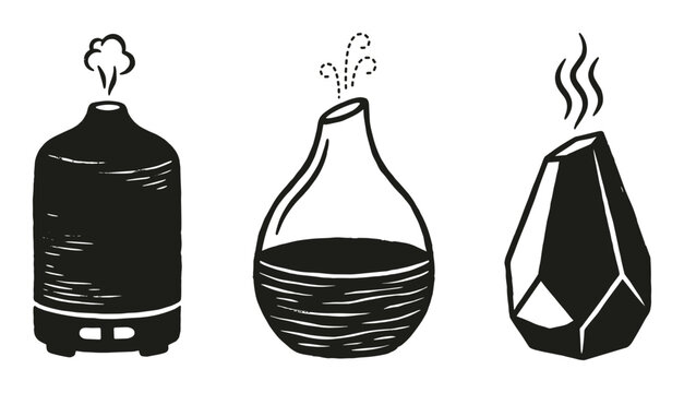 Hand drawn set of diffusers releasing steam for aromatherapy