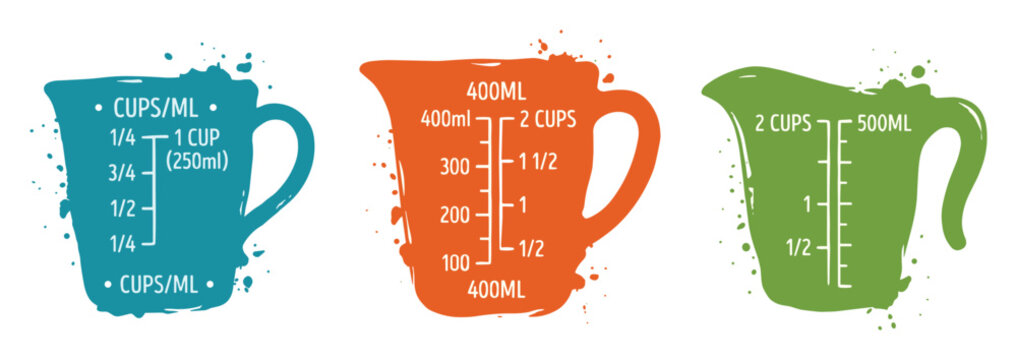 Kitchen measuring cups, different units, liquid volume, baking essentials