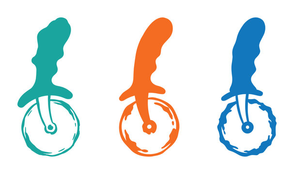 Kitchen tool icons, rolling blade cutters, colorful utensil