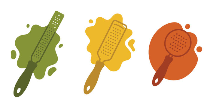 kitchen tools set, grater icon, strainer design, flat style