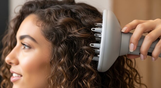 Woman using hair dryer with diffuser for curly hair. Beauty treatment and hair care routine. Professional styling tool for volume and definition of wavy locks at home salon.