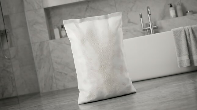 Industrial white bulk sack mockup with textured surface pattern standing in modern bathroom interior for product branding