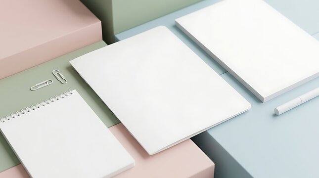 Blank stationery mockup with paper folders and notepad on pastel geometric blocks for professional branding presentation