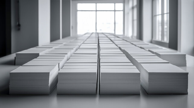Long Rows of Neatly Stacked White Paper Sheets in a Bright Room