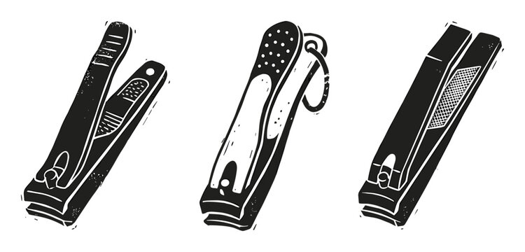 Nail clippers set in hand-drawn style with grunge texture