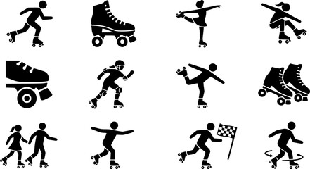 Fototapeta premium Roller skating silhouette icon set, flat black glyph style, pure white background