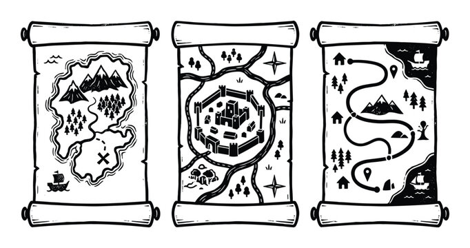 Pirate treasure maps, scroll paper, ancient routes, adventures, quest icons