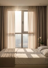 Fototapeta premium Sunlight streaming through sheer curtain into a cozy bedroom. View of a city skyline through a tall window. Minimalist interior design for home comfort and morning relaxation concept.