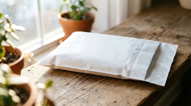 Blank white poly mailer bag mockup resting on rustic wooden windowsill with natural soft sunlight and indoor greenery