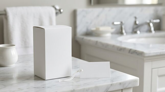 Blank white product packaging box and small rectangular retail price tag mockup standing on a luxury marble bathroom vanity