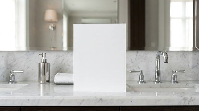 Blank vertical menu sign mockup on marble bathroom countertop, professional restaurant branding display, interior showcase