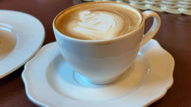 Cappuccino cup on saucer close-up warm cafe mood. Creamy latte foam forms heart pattern in white ceramic cup on wooden table.