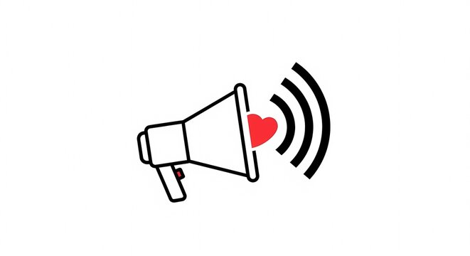 Illustration of a Megaphone with a Heart Symbol Emitting Sound Waves.