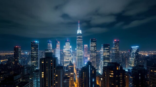 Cinematic night timelapse of city skyline, glowing windows, realistic lighting, professional stock footage