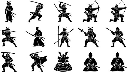 Obraz premium Samurai silhouette icon set, flat black glyph style, pure white background
