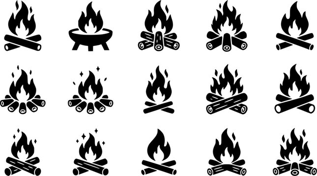 Campfire silhouette icon set, flat black glyph style, pure white background