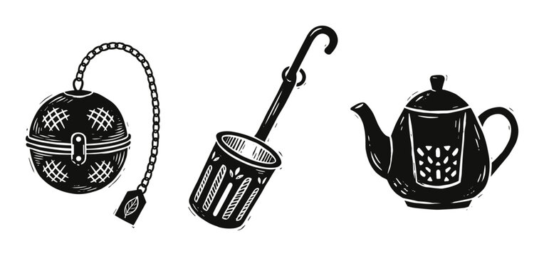 Tea strainer equipment, black teapot doodle, kitchen vector