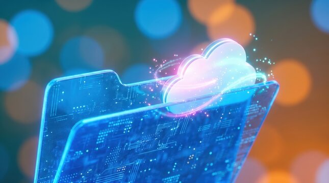 3D Cloud Computing Icon with Digital Data Folder and circuit board texture for online database storage and secure network file backup solutions