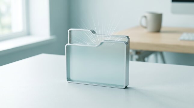 3D glass file folder icon with glowing light rays on an office desk for digital storage, cloud computing and data organization marketing