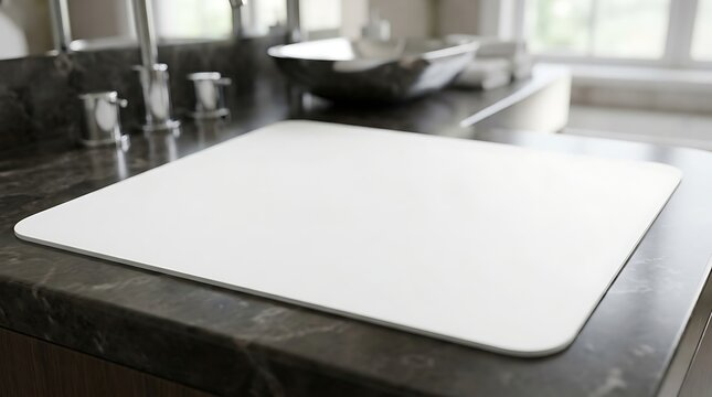 Blank white rectangular mouse pad mockup on dark marble surface for branding presentation and desk accessory design