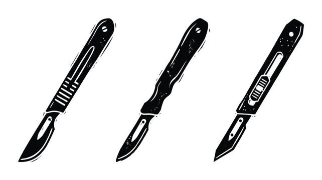 Three different black surgeon scalpel blades, medical tools collection