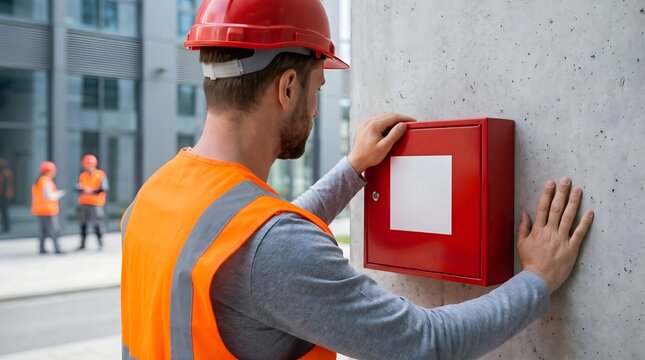 Professional construction worker wearing a bright red hard hat inspects a wall mounted fire box