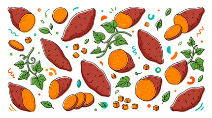 Autumn Leaves and Plums Pattern with Orange Fruits and Green Sprigs. © pixel*