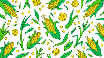 Colorful Corn Pattern Featuring Cobs, Green Leaves, and Golden Kernels for Bright Farm Themed Artwork. © pixel*