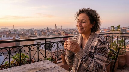 Fototapeta premium Serene North African woman enjoying tea on a rooftop terrace overlooking Marrakesh during a warm golden hour sunset