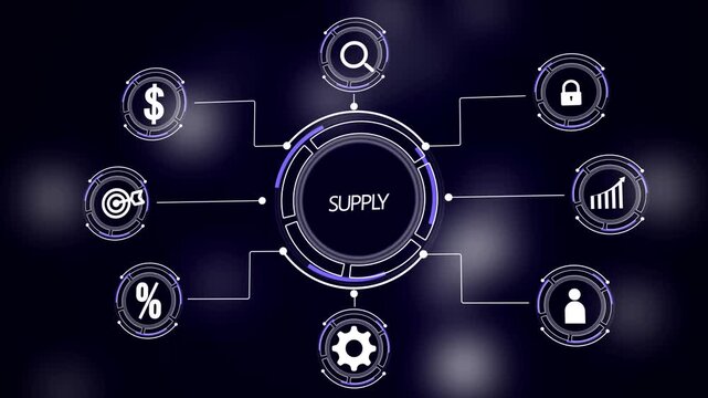 Digital infographic diagram illustrating supply chain management concepts with for finance target percentage security growth and human resources connected to a central hub labeled SUPLY on a