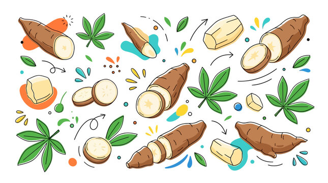 Colorful bakery collage featuring croissants, breads, and green cannabis leaves in a playful arrangement.