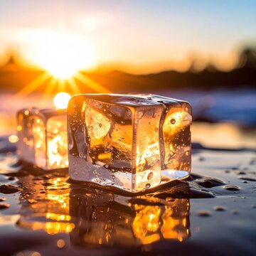 Close-up of Ice Cubes Melting in Warm Sunset Light
