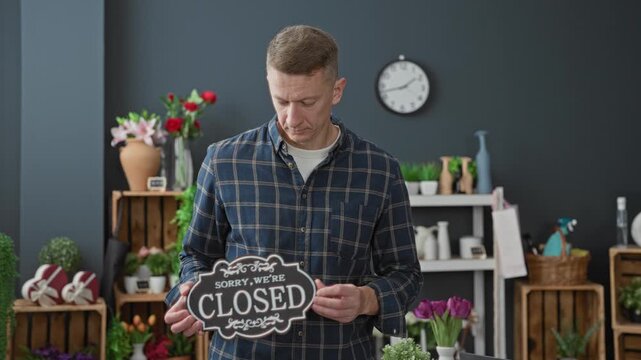 Man holds closed sign with hands among flower displays and vases in a shop studio; closure resignation.