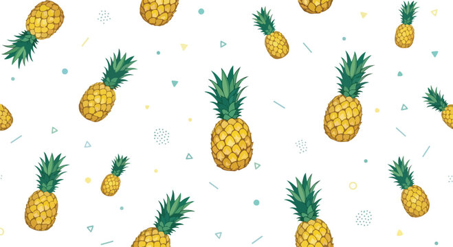 Vibrant pineapple pattern with yellow fruits and green leaves on white background with colorful confetti