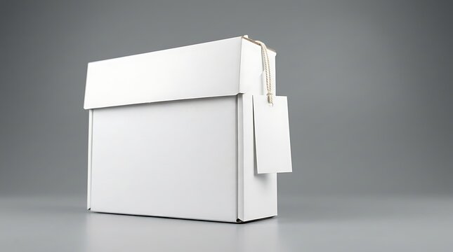 Blank white cardboard box packaging mockup with hanging paper tag branding template for product presentation showcase