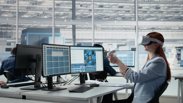 Female engineer uses VR glasses to examine microchip circuit layout in industrial plant R&D office.
