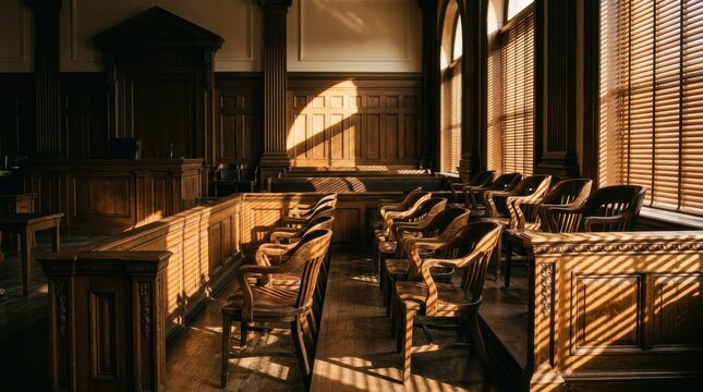 Historic wooden courtroom interior illuminated by natural sunlight through window blinds with empty jury seats and judge bench