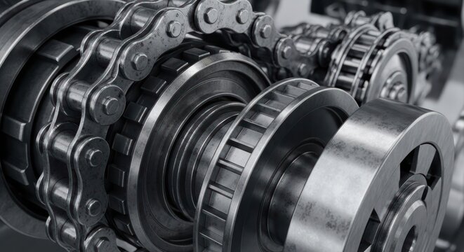 Close-up of intricate industrial machinery with gears and chains.